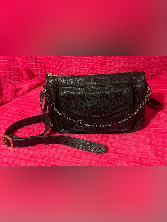 Aimee Kestenberg Handbags - Aimee Kestenberg Talia Black Pebbled Leather Crossbody with Floral Chain Accent